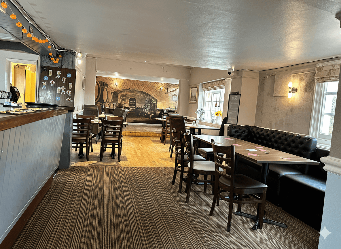 Indoor seating area at The Bell showing the room layout and pub atmosphere.